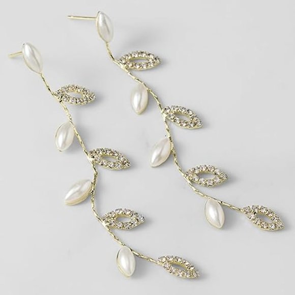 Vine Leaves Rhinestone Pave Crystal Pearl Gold Leaf Earrings Bridal Long Bride - Picture 3 of 6